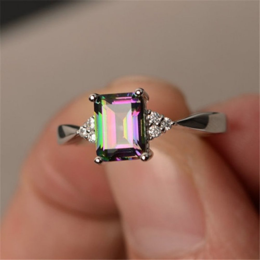925 Silver Mystic Topaz Diamond Radiant Cut Ring